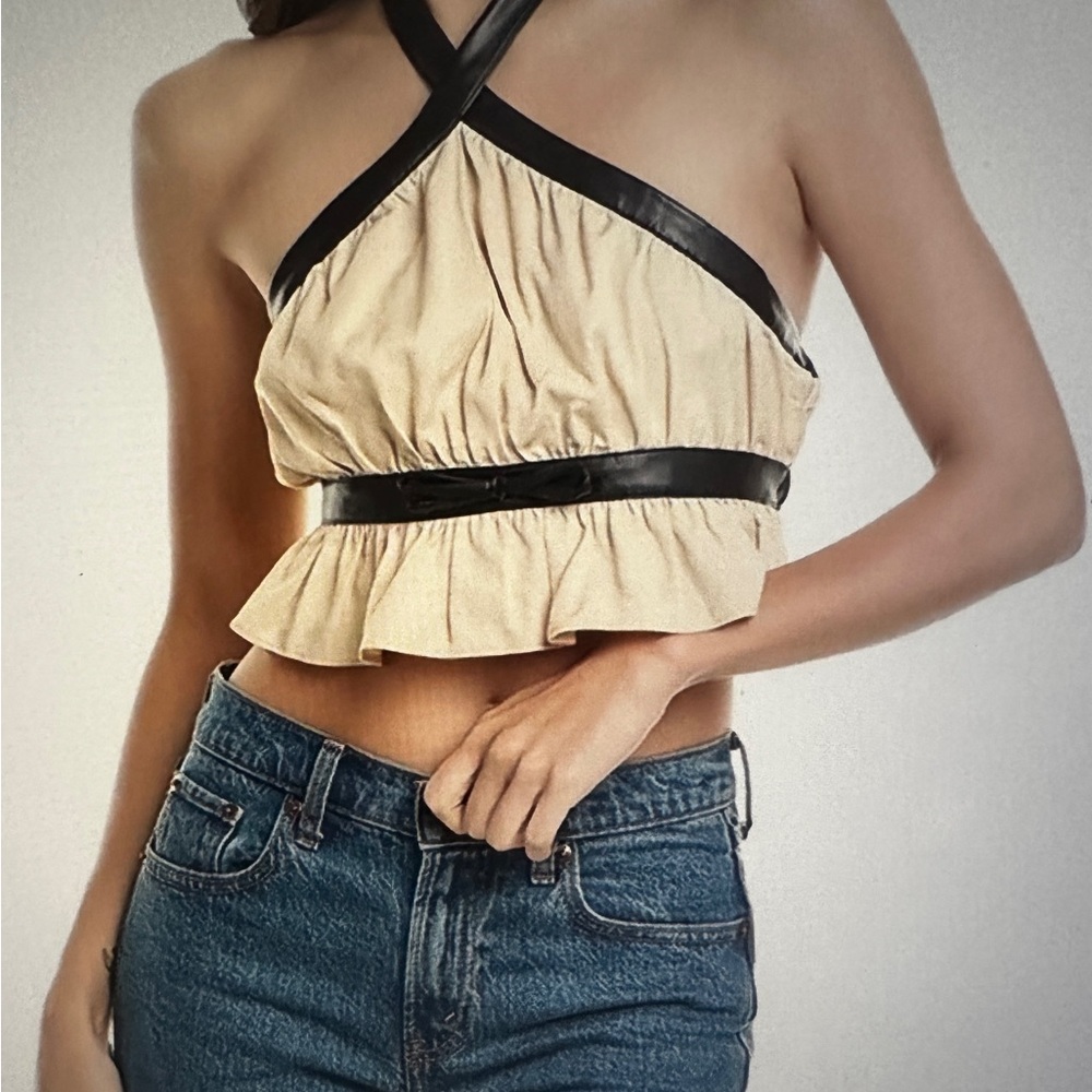 WeWoreWhat Cream Asymmetrical Ruched Crop Top